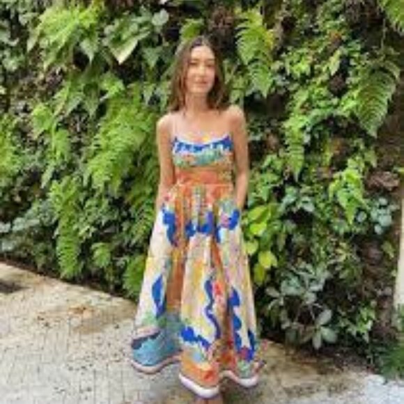 Christian Lacroix Alight Picnic nautical map blue linen blend midi dress size M - Picture 7 of 11